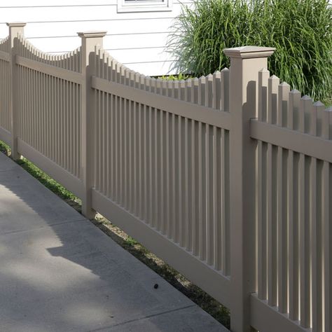 Scalloped Wood Fence, Vinyl Picket Fence, Decorative Fence, Aluminum Fencing, Vinyl Fencing, Fence Options, Modern Fence Design, Fencing Material, Decorative Boards