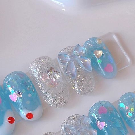 Cream Soda Nails, Kawaii Blue Nails, Soda Nails, Three Colors Blue, Oc Stuff, Cherry Nails, Nice Nails, Japan Trip, Sparkle Nails