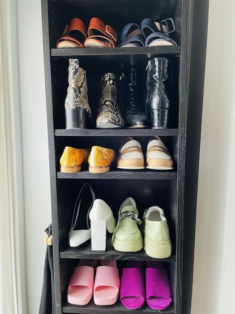 Close up of IKEA BILLY bookcase used for shoes Bookcase Shoe Storage Diy, Billy Bookcase As Shoe Storage, Ikea Billy Bookcase Shoe Storage, Closet Shelves For Shoes, Billy Bookcase For Shoes, Billy Bookcase Shoes, Ikea Billy Shoe Storage, Billy Shoe Storage, Bookcase Shoes