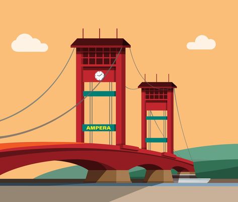 AMPERA Bridge in South Sumatra Indonesia. famous landmark building in sunset landscape concept in cartoon illustration vector Building Cartoon, Instagram Ads Design, South Sumatra, Poster Backgrounds, Water City, Cover Layout, Popeye The Sailor Man, Indonesian Art, Building Illustration