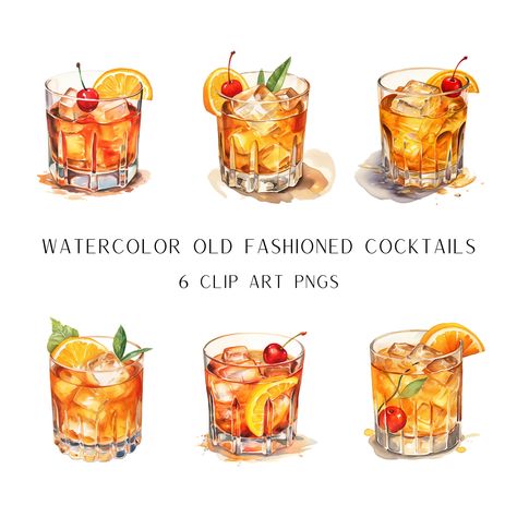 Old Fashioned Cocktail Illustration, Old Fashioned Watercolor, Old Fashioned Illustration, Old Fashioned Cocktail Drawing, Cocktail Art Illustration, Drink Clip Art, Cocktail Watercolor, Cocktails Drawing, Whiskey Art