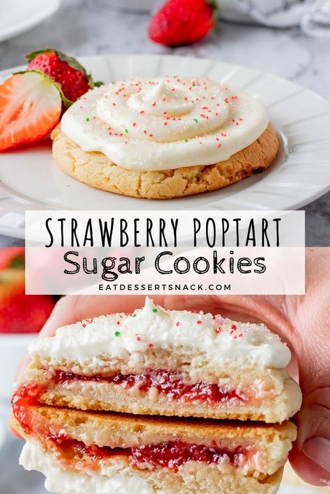 Cookie Stuffed Cookies, Strawberry Jam Shortbread Bars, Poptart Cookie Recipe, Pop Tart Cookie Recipe, Crumbl Strawberry Milk Cookie Copycat, Baking With Strawberry Jam, Salporanz Cookies Recipe, Crumble Cookie Copycat Recipe Strawberry, Cookie Recipes Crumble