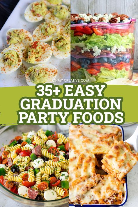 These easy to prepare recipes keep your graduation party menu simple, delicious and affordable. Enjoy a selection of graduation party foods including salads, side dishes, casseroles and grilled food recipes! College Graduation Party Food, 30th Birthday Party Food, Graduation Party Appetizers, Graduation Menu, Easy Graduation Party Food, Graduation Party Food Ideas, Grad Party Food, Graduation Party Food, Party Side Dishes