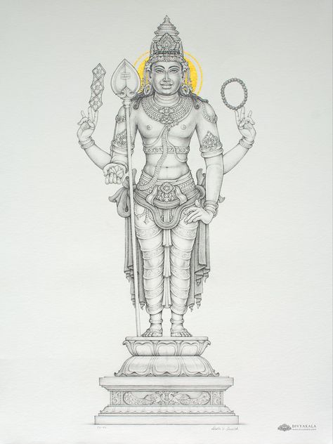 Kartikeya — Divyakala - Art Inspired by the Divine Murugan Art Sketch, Divyakala Art, Devotional Tattoo, Relief Drawing, Gods Artwork, God Drawing, Sculpture Drawing, Compass Art, Temple Drawing