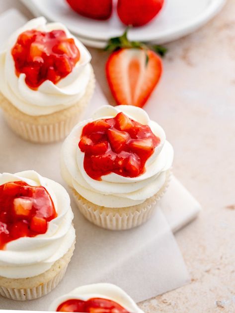 Strawberry Vanilla Cupcakes - Julie Marie Eats Strawberry Cupcake Filling, Cupcakes With Filling Inside, Strawberry Filling For Cupcakes, White Cake Cupcakes, Mother's Day Dessert, Strawberry Filled Cupcakes, Tiramisu Cupcakes, Strawberry Things, Mothers Day Desserts