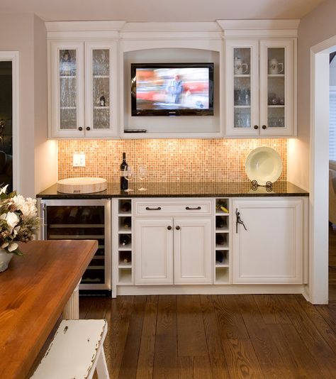 Bar with White Cabinets, TV display Basement Bar With Tv, Bar With Tv, Basement Bar Plans, Tv In Kitchen, Basement Bar Designs, Basement Kitchen, Home Bar Designs, Tv Design, Basement Bar