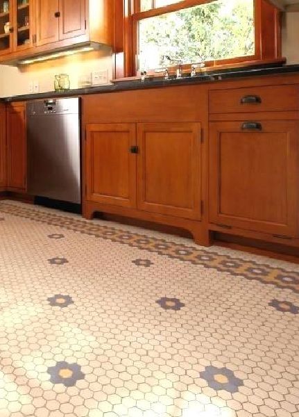 Craftsman Kitchen Tile, Vintage Kitchen Floor Tile, Vintage Craftsman Kitchen, 1920 Craftsman Kitchen, Kitchen Tile Floor Checkered, Arts And Crafts Kitchen Design, Arts And Crafts Bathroom Ideas, Arts And Crafts Style Color Palette, Craftsman Kitchen Tile Floor