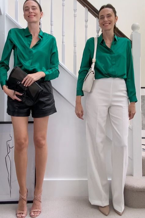 Silk Shirt And Shorts Outfit, Green Blouse Outfit Ideas, Green Silk Blouse Outfit, Green Silk Shirt Outfit, Royalty Dress Aesthetic, Green Shirt Outfit Ideas, Green Blouse Outfit, Silk Blouse Outfit, Silk Shirt Outfit