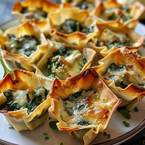 Spinach and Artichoke Dip Wonton Cups Spinach Dip Wonton Cups, Spinach And Artichoke Dip Wonton Cups, Spinach Artichoke Dip Wonton Cups, Spinach And Artichoke Wonton Cups, Spinach Artichoke Wonton Cups, Spinach Artichoke Cups, Spinach Appetizers, Artichoke And Spinach, Wonton Appetizers