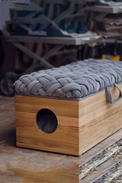 Bench With Pillow, Trendy Cat Furniture, Litter Box Bench, Wooden Bench With Storage, Cat Bench, Cat Room Diy, Ottoman For Bedroom, Pets Furniture, Wooden Storage Bench