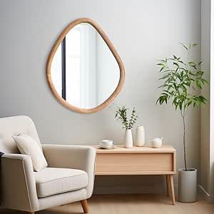 Light Wood Mirror Bathroom, Asymmetrical Bathroom, Wooden Bathroom Mirror, Modern Bathroom Mirror, Unique Vanity, Wall Mirror Wood, Farmhouse Mirror, Mirror Unique, Asymmetrical Mirror