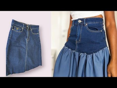 DIY Upcycled Denim Skirt - Transform Your Old Jeans in Minutes! - YouTube Upcycled Jean Skirt Diy, Jeans To Skirt Diy, Upcycled Denim Skirt, Upcycled Denim Diy, Skirt Sewing Tutorial, Skirt Diy, How To Make Skirt, Turn Blue, Diy Skirt