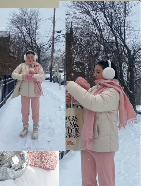 a girl standing on snow while wearing pink trousers and a white puffer jacket Pink Outfits Cold, Winter Outfits Essentials, Pink Winter Accessories, Cute Outfits For Really Cold Weather, Pink Cold Outfits, Cute Feminine Winter Outfits, Winter Couqutte Outfits, Warm Coquette Outfit, Gigi Mw Outfits