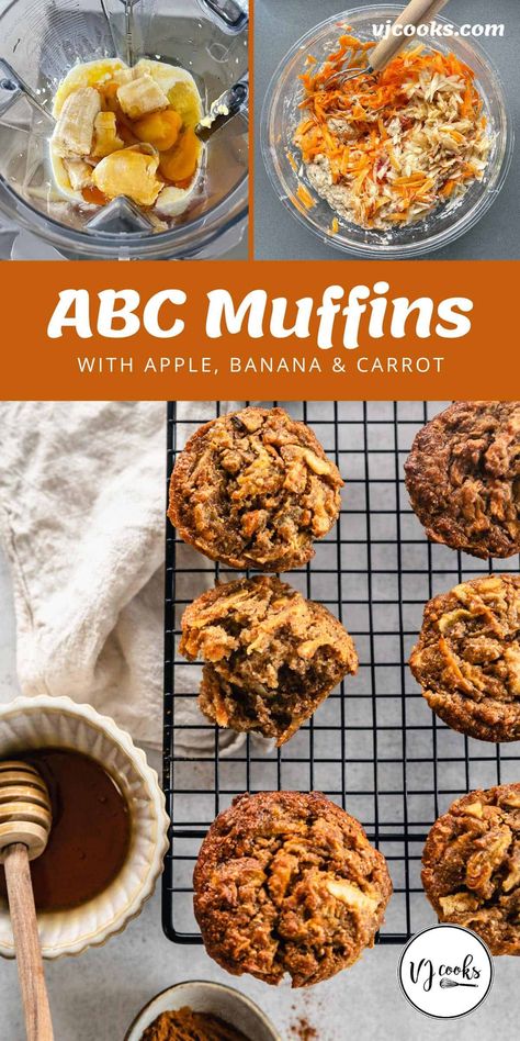 It's easy to remember what goes into ABC Muffins - apples, bananas and carrots! A healthy snack for the lunchbox or on-the-go, these muffins are made with whole meal flour and are sweetened with runny honey and brown sugar. You can also make them gluten-free and dairy-free. #vjcooks #muffins #snack #lunchboxfiller #healthybaking Jumbo Muffin Recipes Healthy, Abc Muffins, Jumbo Muffin Recipes, Brown Sugar Muffins, Sugar Free Muffins, Date Muffins, Savory Muffins Recipes, Vj Cooks, Apple Brown Sugar