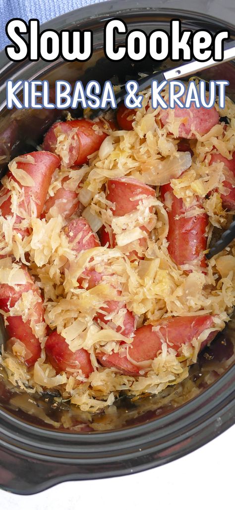 This Slow Cooker Kielbasa and Sauerkraut is such a hearty comfort food dinner. It's budget friendly, quick to prep and the crock pot does all the work for you! New Years Pork And Sauerkraut, Kielbasa And Sauerkraut, Sausage And Sauerkraut, Pork And Sauerkraut Recipe, Pork Chops And Sauerkraut, Pork And Sauerkraut, Fall Slow Cooker, Fall Slow Cooker Recipes, Slow Cooker Kielbasa