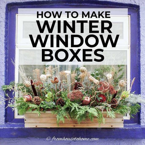 This tutorial to make winter window boxes is awesome! Made with evergreen branches, pine cones, dried flowers and faux apples, these winter planters are so easy to put together in the flower boxes or containers you already have in your garden. #fromhousetohome #winter #garden #containers #planters  #diychristmas Flower Boxes In Winter, Winter Window Boxes Outdoor Diy, Winter Flower Boxes Front Porches, Christmas Flower Boxes Outdoor, Winter Window Boxes Outdoor, Winter Planter Boxes, Winter Flower Boxes, Christmas Flower Boxes, Christmas Window Boxes Outdoor