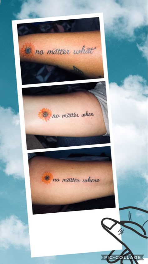 Auntie Niece Tattoos, No Matter When Tattoo, No Matter What No Matter When Tattoo, Sunflower Friendship Tattoos, No Matter What No Matter Where Tattoo Cursive, Sunflower Best Friend Tattoos, No Matter What Tattoo Fonts, No Matter What No Matter When No Matter Where Tattoo, Matching Auntie And Niece Tattoos