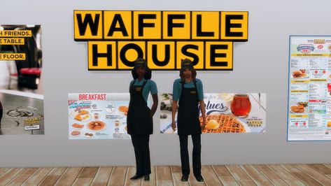 Sims 4 Waffle House Cc, Sims 4 Waffle House, Sims 4 Apron, Waiter Outfit, Play Sims 4, Sims 4 Studio, Waffle House, Play Sims, Work Uniform