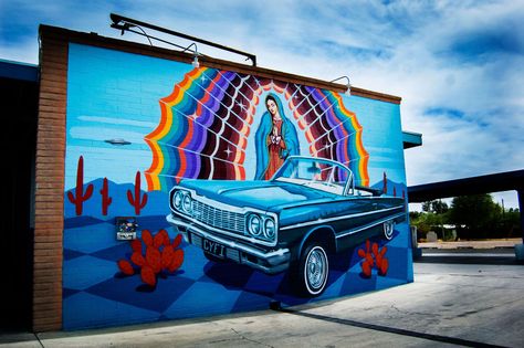 Car wash mural, street art, Tucson AZ Car Mural Art, Store Mural, Car Mural, Cars Mural, Frida And Diego, Vegan Ideas, Arizona Photography, Lowrider Art, Sky Bar