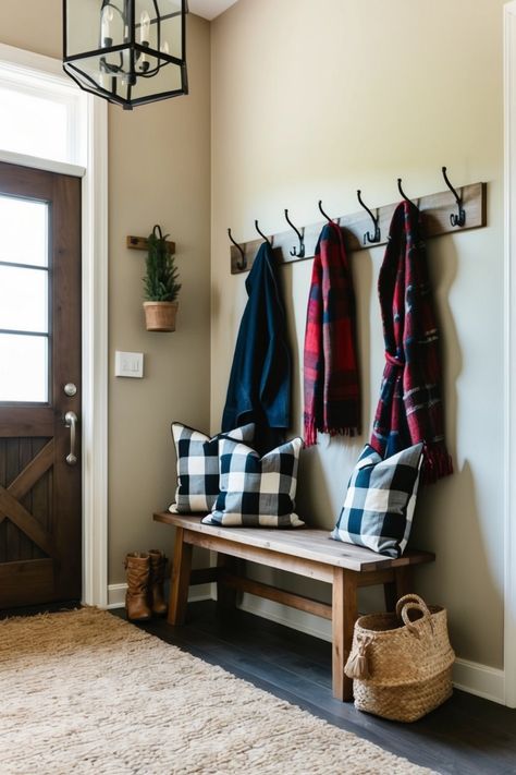 Explore 19 cozy farmhouse entryway ideas, featuring rustic decor, charming furniture, and color schemes that bring warmth and style to your home. This pin showcases inviting design options ideal for creating a welcoming space. Farmhouse Entryway Ideas, Industrial Coat Rack, Galvanized Metal Bucket, Brick Cottage, Rustic Wooden Bench, Stylish Tips, Reclaimed Wood Shelves, Mason Jar Vases, Farmhouse Entryway