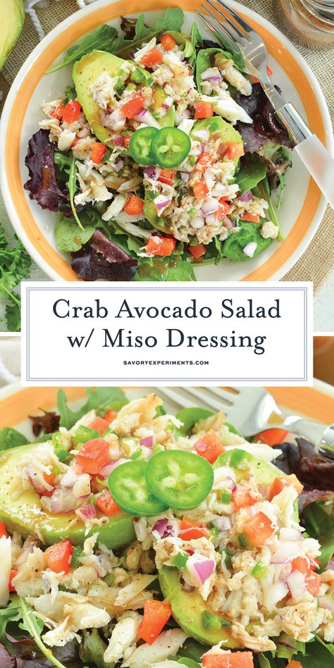 Crab Avocado Salad is a simple salad using buttery lump crab with avocado, red onion, jalapeno and bell peppers topped with Miso Dressing. Salad With Miso Dressing, Vegan Avocado Recipes, Crab Avocado, Salad Greek, Lump Crab, Healthy Meat Recipes, Pasta Side Dishes, Avocado Salad Recipes, Miso Dressing