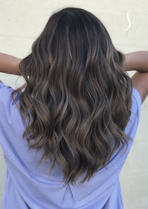 Chocolate Brown Hair With Ashy Highlights, Dark Brown Ashy Hair Balayage, Low Maintenance Ash Brown Hair, Smoky Ash Brown Balayage, Babylights Brunette Ashy, Brunette Hair Color With Highlights And Lowlights Ash Brown, Dark Ashy Hair Color, Mushroom Babylights, Trendy Brown Hair 2023