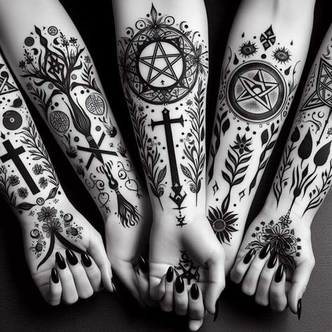 Wicca Tattoo, Witchcraft Tattoos, Pagan Tattoo, Wiccan Tattoos, Mystical Tattoos, Occult Tattoo, Realistic Tattoo Sleeve, Minimal Tattoo Design, Wicked Tattoos