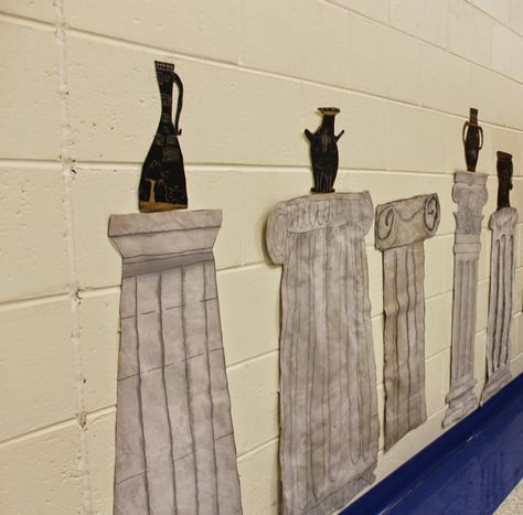 Collingswood HS/MS Art Dept.: Greek Columns and Vases Diy Columns, Greek Projects For School, Ancient Art Aesthetic, Ancient Greece Homecoming, Ancient Greek Decor, Ancient Greek Party Decorations, Greek Party Ideas, Ancient Rome Classroom Decor, Ancient Rome Party