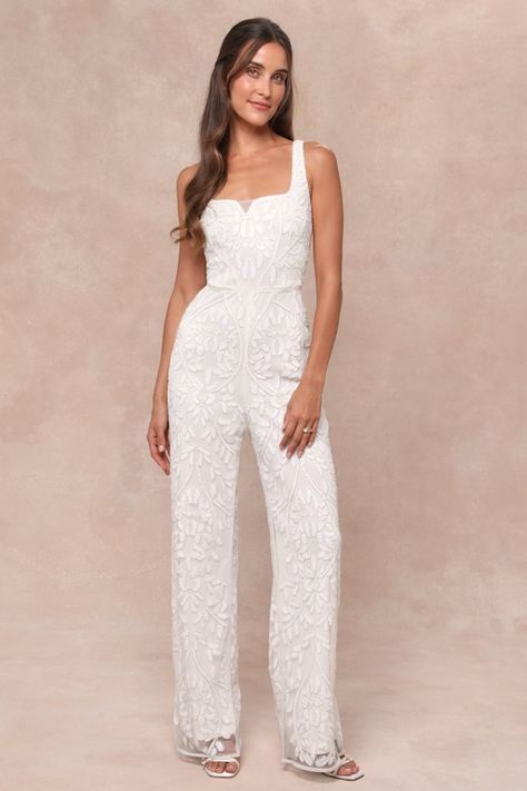 Glittering Influence White Mesh Beaded Lace-Up Sequin Jumpsuit Wedding Reception Pantsuit, Reception Pantsuit, White Sequin Jumpsuit, Wedding Pieces, Elegant Jumpsuit, Bachelorette Party Dress, Mesh Jumpsuit, Casual Formal Dresses, Sequin Jumpsuit