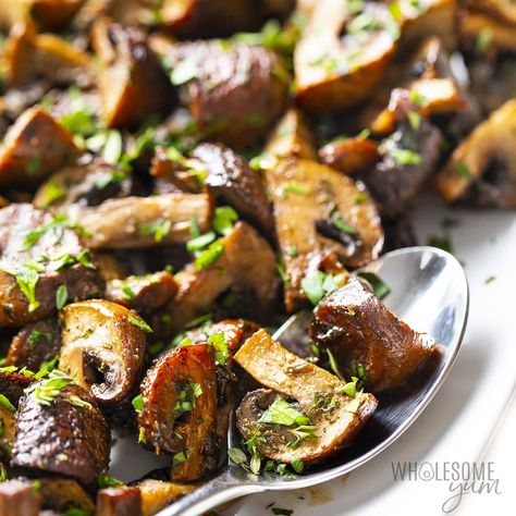 Oven Roasted Mushrooms - Wholesome Yum Healthy Mushroom Recipes, Roasted Zucchini Recipes, Oven Roasted Mushrooms, Roasted Eggplant Recipes, Mushroom Side Dishes, Mushroom Recipes Healthy, Oven Roasted Asparagus, Thyme Recipes, Wholesome Yum