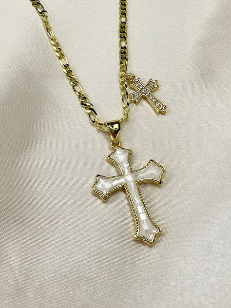 Double Cross Necklace, Shell Cross, Cross Pendent, Dope Jewelry Accessories, Streetwear Jewelry, Pink Cross, Gold Cross Necklace, Healing Crystal Jewelry, Jewelry Fashion Trends