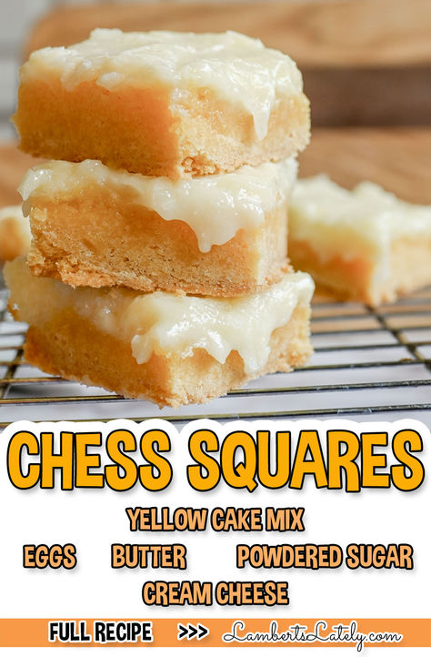 chess squares, with ingredient list. Easy Chess Bars, Chess Cake Squares, Chest Squares Recipe, Toppings For Cream Cheese Block, Chess Cake Recipe Easy, Cream Cheese Squares Yellow Cake Mixes, Chess Squares Easy, Chess Cake Recipe, Chess Squares Recipe