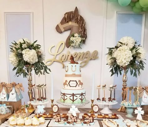 Horse Themed Party Decorations, Birthday Party Horse Theme, Bautizo Ideas Decoracion Charro, Horse Birthday Decorations, Cowboy Baptism Ideas, Western Baptism Ideas, Horse Theme Baby Shower Ideas, Charro Birthday Party Ideas Boy, Horse Baby Shower Ideas