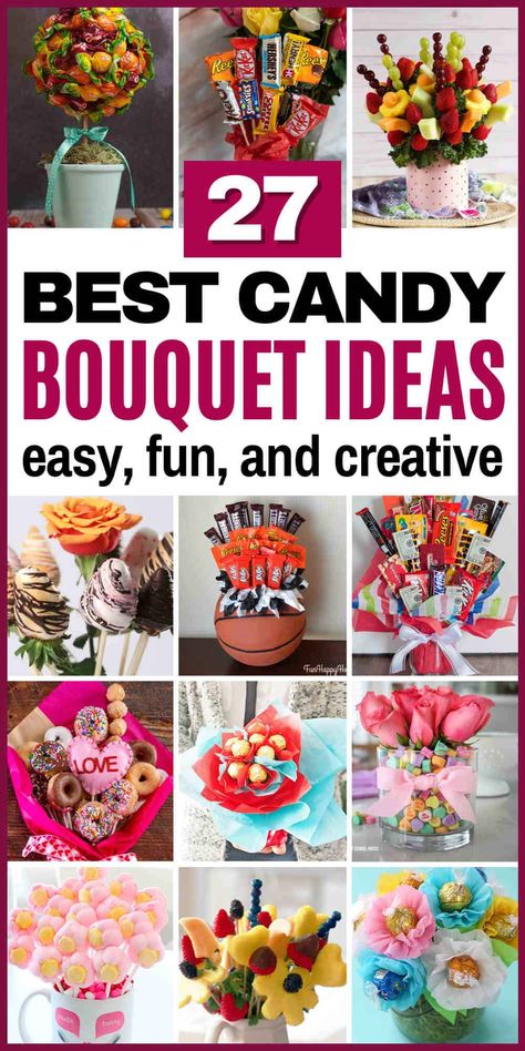 candy bouquet diy Large Candy Bouquet, Bouquet Gifts Diy, Sweet 16 Candy Bouquet, Oreo Bouquet Diy, Candy Bouquet Ideas Birthday, Gift Ideas With Candy, Gummy Gift Ideas, Candy Boquets Dollar Tree, Senior Night Candy Bouquet