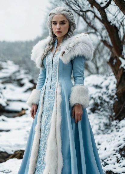 Snow Fantasy Outfit, Winter Fantasy Aesthetic Outfit, Fantasy Clothing Winter, Royal Winter Dress, Winter Queen Dress, Winter Dnd Outfit, Victorian Winter Dress, Fantasy Winter Clothes Art, Winter Medieval Dress