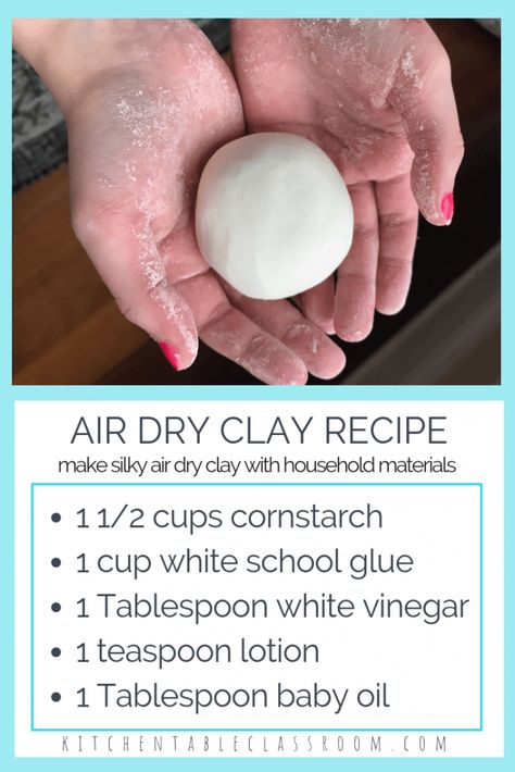 Use this easy DIY clay recipe to learn how to make air dry clay for kid's crafts. Household ingredients are all you need- no cooking or baking required! Diy Clay Recipe, Air Dry Clay Recipe, Make Air Dry Clay, Itsekovettuva Savi, Clay Recipe, Homemade Clay, Diy Air Dry Clay, Clay Crafts Air Dry, Clay Food