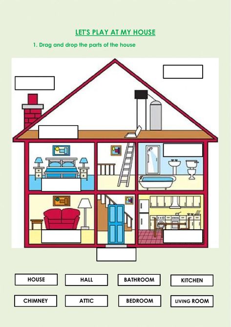 Parts of the house - Interactive worksheet Parts Of The House Flashcards, Parts Of The House Worksheet, House Worksheet, Classroom Objects, Different Types Of Houses, Esl Lesson Plans, Social Studies Worksheets, Kindergarten Learning Activities, Phonics Kindergarten