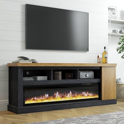 Amazon.com: LUXOAK 75” Fireplace TV Stand with 60” Electric Fireplace, Chunky Entertainment Center with Wood Grain, Color Clash Entertainment Stand for TVs up to 85”, White&Grey : Home & Kitchen Tv Console With Fireplace, Tv Stand With Fireplace, Built In Electric Fireplace, Entertainment Stand, Fireplace Tv Stand, Electric Fireplace, Home Entertainment, Entertainment Center, Style Moderne