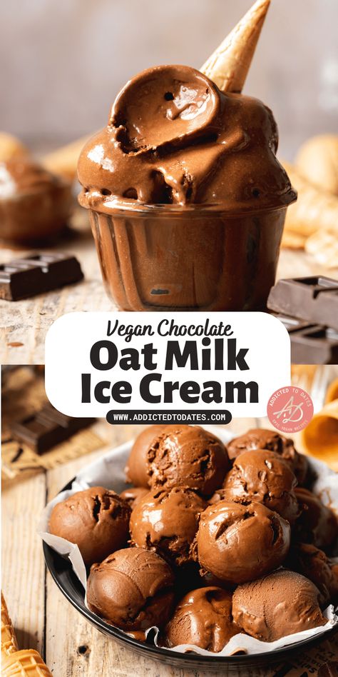 Chocolate Oat Milk Ice Cream - Addicted to Dates Easy Homemade Chocolate Ice Cream, Oat Milk Ice Cream, Chocolate Oat Milk, Homemade Chocolate Ice Cream, Dairy Free Cooking, Vegan Ice Cream Recipe, Vegan Baking Recipes, Ice Cream Maker Recipes, Frozen Dessert Recipe