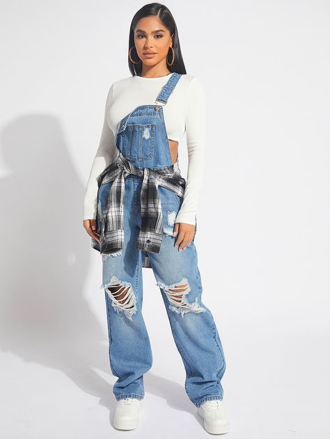 Light Wash Casual Collar Sleeveless Denim Plain Overall Embellished Non-Stretch Spring/Fall Women Denim Ripped Jean Overalls, 90s Fashion Jeans Outfit, Women’s Street Fashion 2023, Women Overall Outfits, Overall Crop Top, 90s Overalls Outfit Hip Hop Women, Jean Dungarees Outfits, Cute Overall Outfits Aesthetic, 90s Overalls Outfit Hip Hop