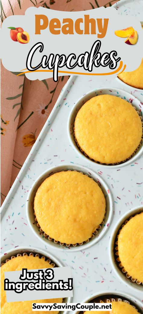 Peach Pie Filling Cupcakes - Super moist, springy, and loaded with peach flavor, these cupcakes are a kiss of peachy sunshine in every bite. #peach #piefilling #threeingredients #cupcakes  via @savvysavingcoup Peaches Cupcakes, Peach Cupcakes With Box Cake, Peach Cupcakes With Peach Buttercream, Filling Cupcakes, Specialty Desserts, Spice Cake Mix And Pumpkin, Peach Cupcakes, Peach Jelly, Savory Breakfast Recipes