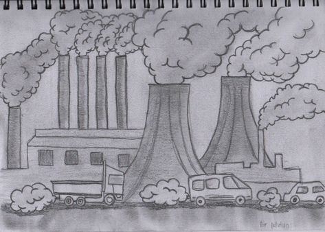 This is an artwork on a factory that has polluted the air around it with smoke. I have stuck with black and grey for this drawing because i feel that the shading best represents what im trying to come across in the drawing. Polluted Air Drawing, Environment Degradation Drawing, Air Pullotion Drawings, Air Pollution Drawing Competition, Environment Sketch Pencil, Drawing Of Pollution, Factory Drawing Pollution, Air Pollution Drawing Easy, Landfill Drawing