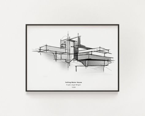 Falling Water Sketch, Frank Lloyd Wright Falling Water, Falling Water Frank Lloyd Wright, Falling Water House, Sketch Architecture, House Printable, Falling Water, Wall Decor Minimalist, Water House