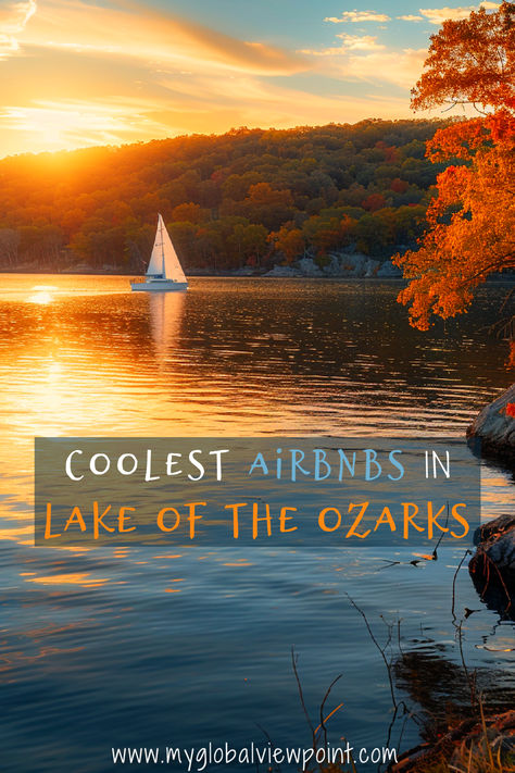 Serene lakeside Airbnb at Lake of the Ozarks, featuring a scenic sunset, sailboat, and tranquil waterfront view. Ross Lake Resort, Magical Lake, Unique Stays, Rustic Cabins, Lake Of The Ozarks, Lake Houses, Private Dock, The Ozarks, Lakefront Homes