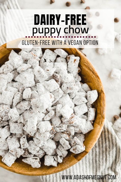 Peanut Butter Muddy Buddies, Puppy Chow Chex Mix Recipe, Chow Puppy, Chex Mix Puppy Chow, Dairy Free Treats, Dairy Free Snacks, Chex Mix Recipes, Dairy Free Chocolate Chips, Dairy Free Diet