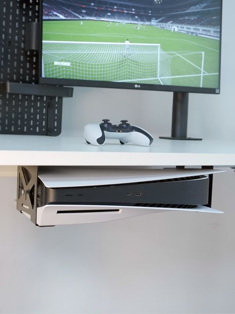 Ps5 Shelf Ideas, Ps5 Mounted On Wall, Playstation Desk Setup, Ps5 Desk Setup, Hidden Game Console, Ps5 Wall Mount, Game Console Organization, Game Console Shelf, Ps5 Setup