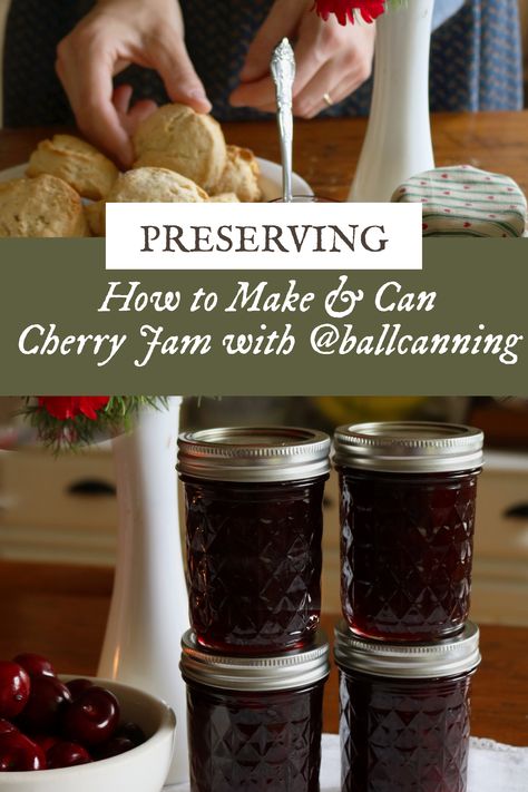 Learn to make homemade cherry jam with fresh sweet cherries and preserve the flavors of the season in this blog post. You will find full recipe instructions, photos, and a video detailing how to make this super simple and delicious recipe. Original recipe by @ballcanning and makes 4 Ball® Quilted Crystal Half-Pint Jars of jam! #Ballhomecanning #Ballhomecanningambassador #ad #canning #jam #recipe https://bit.ly/3yWf2fY Cherry Preserves Recipe Canning, How To Make Cherry Jam, Quick Jam Recipes, Cherry Jam Recipe Canning, Ball Canning Recipes, Canning Cherries, Cherry Nutrition Facts, Cherry Jelly Recipes, Homemade Cherry Jam