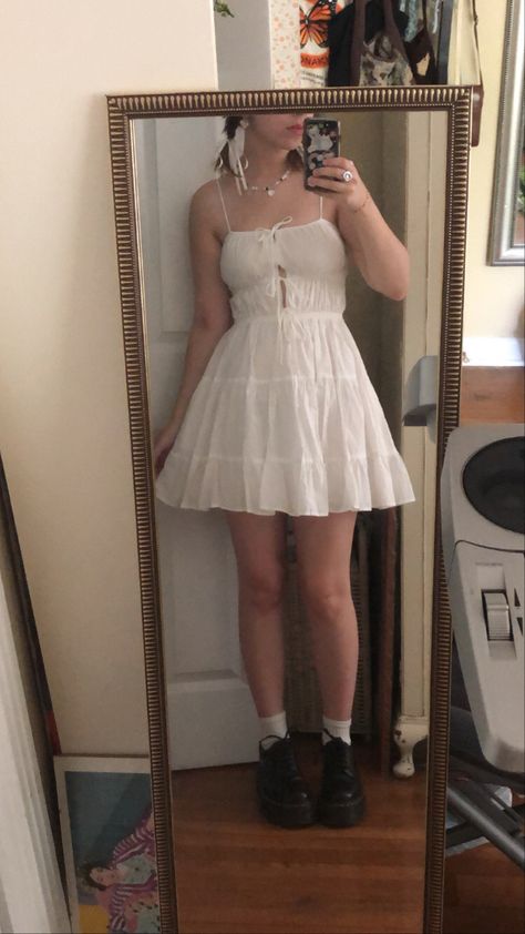 white dress doc martens outfit :-) Bodycon Dress With Doc Martens, White Dress With Doc Martens, White Dress And Doc Martens, White Dress Doc Martens, Dress With Doc Martens Outfits, Dresses With Doc Martens, Grunge White Dress, Doc Martens With Dress, Dress With Dr Martens