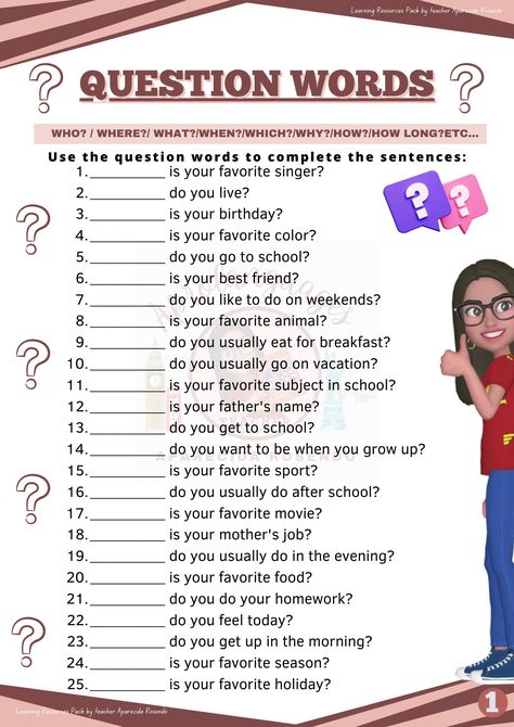 Question Words Worksheet, Wh Questions Worksheet, Speaking Questions, Sentences Worksheet, English Poems For Kids, Question Words, First Grade Reading Comprehension, Teach English To Kids, English Grammar Exercises