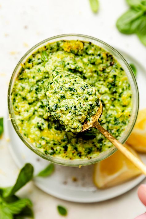 This simple Lemon Basil Pesto Sauce will be your new go-to homemade pesto recipe. It's a classic Genovese-style pesto made with basil, pine nuts, parmesan cheese, & extra-virgin olive oil, but its richness is balanced with the brightness of fresh lemon zest & juice. Made with 6 ingredients & ready in 5 minutes or less thanks to a food processor, this simple pesto is perfect for everything from pasta to pizza! Easily Vegetarian & Vegan. #pesto #pestosauce #basilpesto #basilrecipes #basilpesto Pesto Recipe No Nuts, Lemon Pesto Pasta, Lemon Basil Pesto, Homemade Pesto Recipe, Basil Pesto Pasta, Basil Pesto Sauce, Lemon Pesto, Basil Pesto Recipes, Kale Pesto